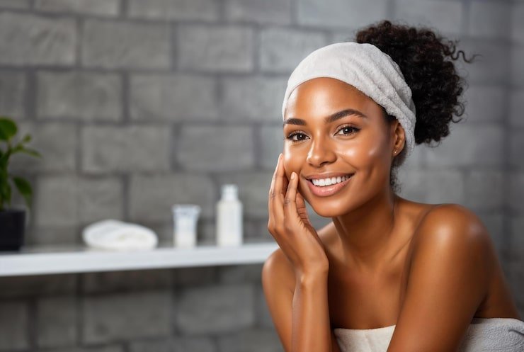 african american woman doing skincare her bathroom beautiful smooth skin applying cream 932377 235